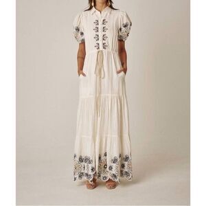 Carolina K Embroidered White Maxi Dress with Blue Floral Embroidered Accents XS